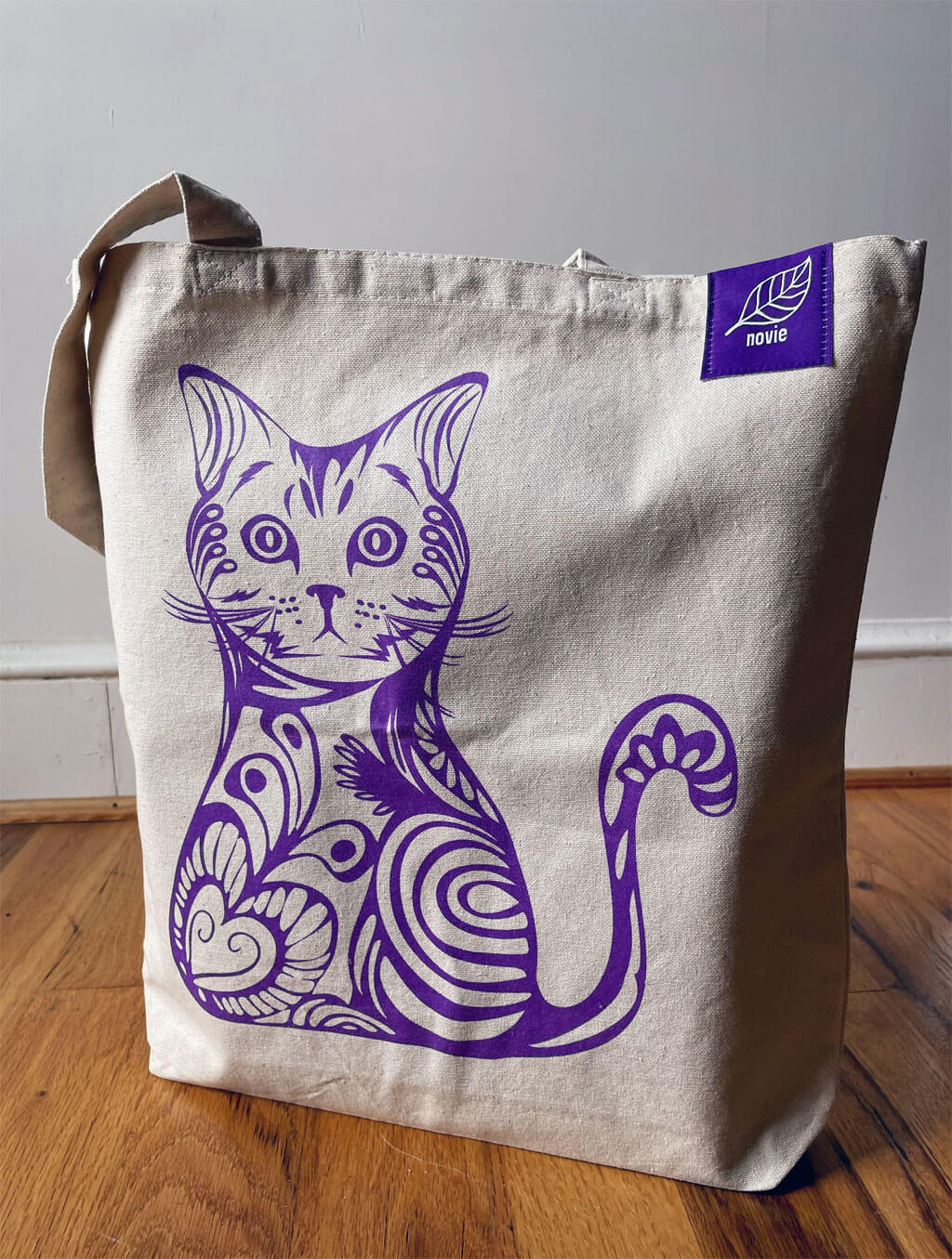 novie purple cat canvas tote